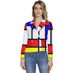 Mondrian-red-blue-yellow Women s Long Sleeve Revers Collar Cropped Jacket by Amaryn4rt