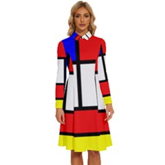 Mondrian-red-blue-yellow Long Sleeve Shirt Collar A-line Dress by Amaryn4rt