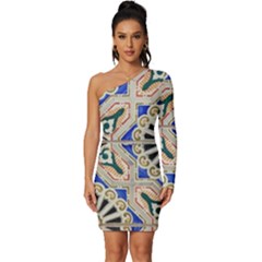 Ceramic-portugal-tiles-wall- Long Sleeve One Shoulder Mini Dress by Amaryn4rt