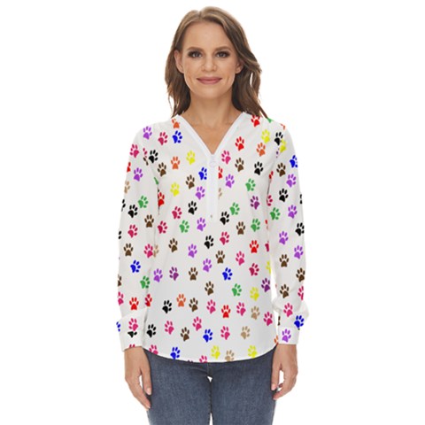 Paw Prints Background Zip Up Long Sleeve Blouse by Amaryn4rt