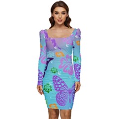 Butterfly Vector Background Women Long Sleeve Ruched Stretch Jersey Dress