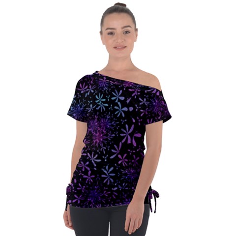 Retro-flower-pattern-design-batik Off Shoulder Tie-up T-shirt by Amaryn4rt