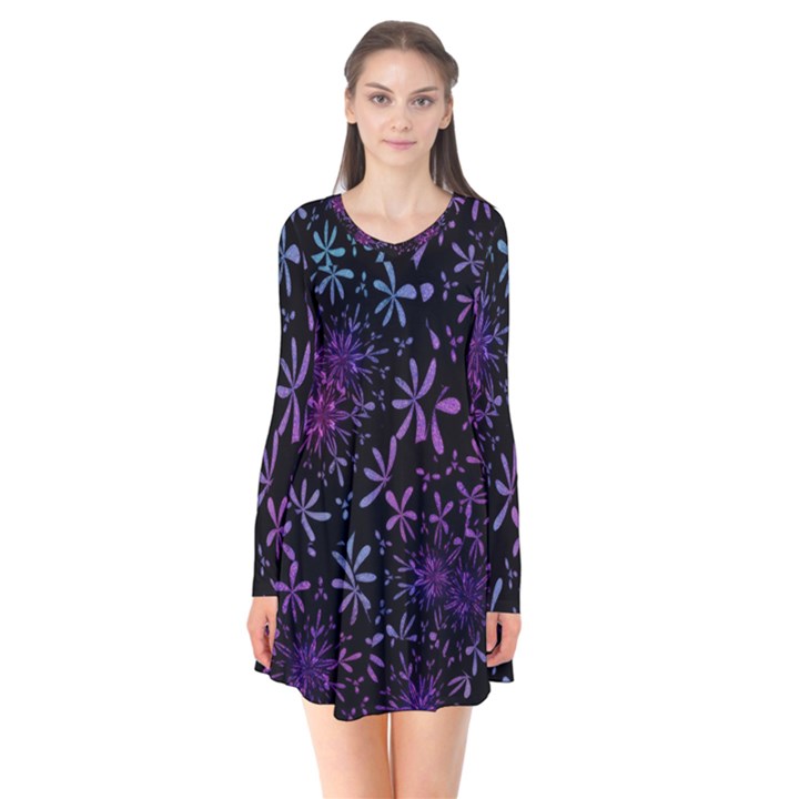 Retro-flower-pattern-design-batik Long Sleeve V-neck Flare Dress