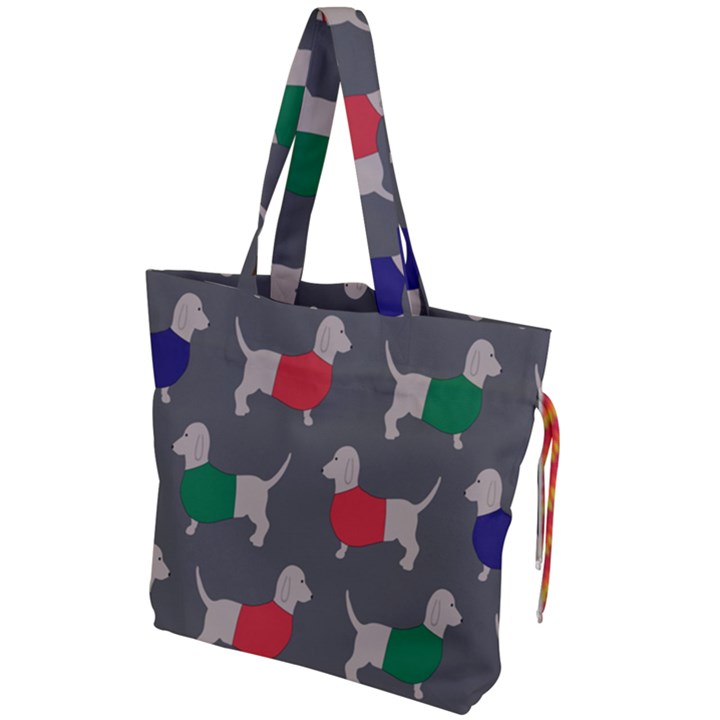 Cute Dachshund Dogs Wearing Jumpers Wallpaper Pattern Background Drawstring Tote Bag