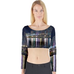 Cleveland Building City By Night Long Sleeve Crop Top by Amaryn4rt