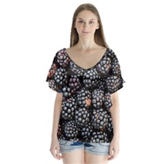 Blackberries-background-black-dark V-neck Flutter Sleeve Top by Amaryn4rt