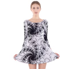 Fractal Black Spiral On White Long Sleeve Velvet Skater Dress