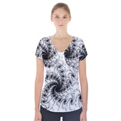 Fractal Black Spiral On White Short Sleeve Front Detail Top by Amaryn4rt