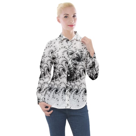 Fractal Black Spiral On White Women s Long Sleeve Pocket Shirt by Amaryn4rt