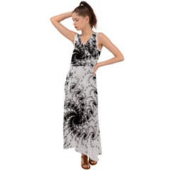 Fractal Black Spiral On White V-neck Chiffon Maxi Dress by Amaryn4rt