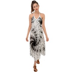 Fractal Black Spiral On White Halter Tie Back Dress  by Amaryn4rt