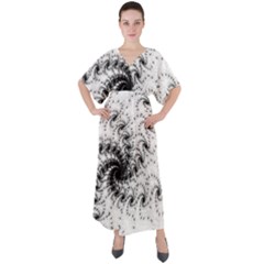 Fractal Black Spiral On White V-neck Boho Style Maxi Dress by Amaryn4rt