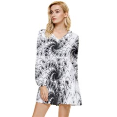 Fractal Black Spiral On White Tiered Long Sleeve Mini Dress by Amaryn4rt