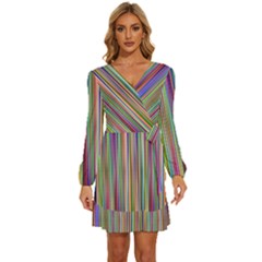 Striped-stripes-abstract-geometric Long Sleeve Waist Tie Ruffle Velvet Dress