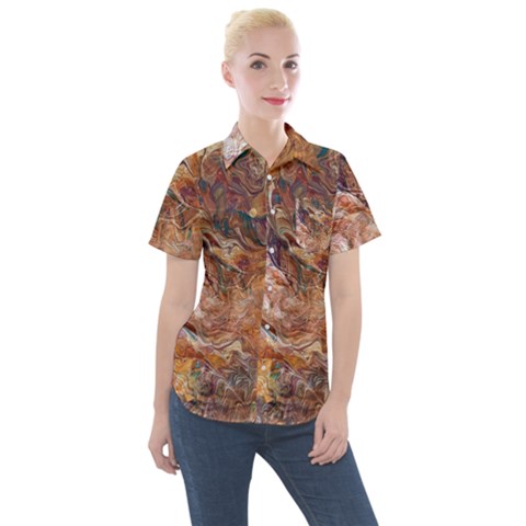 Brown Bronze Blend Women s Short Sleeve Pocket Shirt by kaleidomarblingart