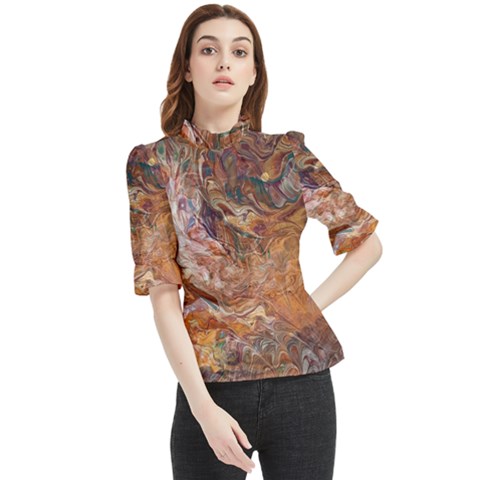 Brown Bronze Blend Frill Neck Blouse by kaleidomarblingart