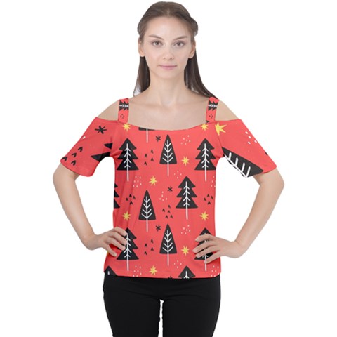 Christmas Christmas Tree Pattern Cutout Shoulder T-shirt by Amaryn4rt