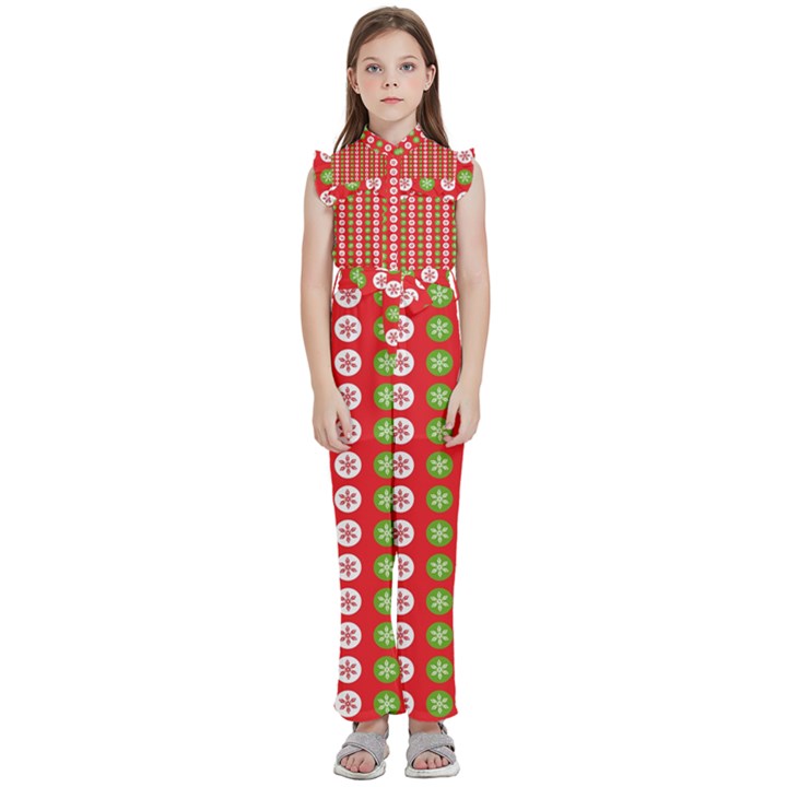 Festive Pattern Christmas Holiday Kids  Sleeveless Ruffle Edge Band Collar Chiffon One Piece