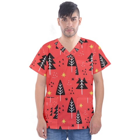 Christmas Christmas Tree Pattern Men s V-neck Scrub Top by Amaryn4rt