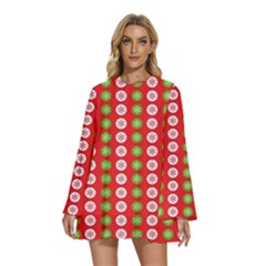 Festive Pattern Christmas Holiday Round Neck Long Sleeve Bohemian Style Chiffon Mini Dress by Amaryn4rt