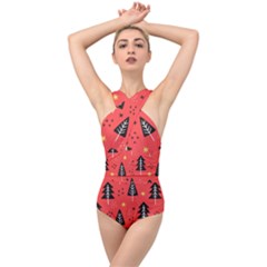 Christmas Christmas Tree Pattern Cross Front Low Back Swimsuit by Amaryn4rt