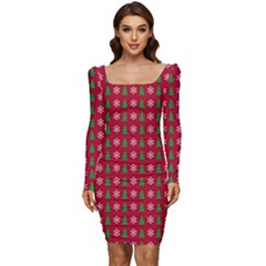 Snowflake Christmas Tree Pattern Women Long Sleeve Ruched Stretch Jersey Dress by Amaryn4rt