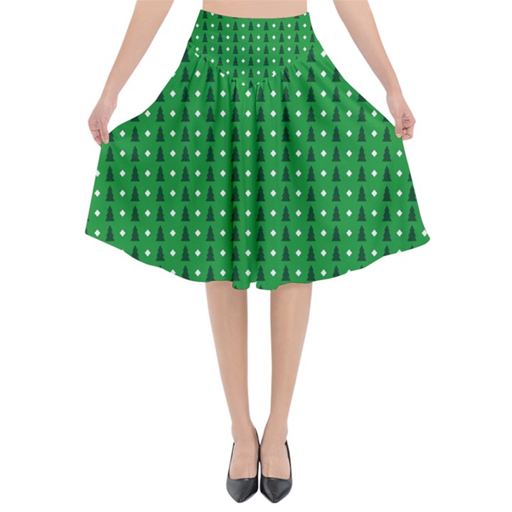 Green Christmas Tree Pattern Background Flared Midi Skirt