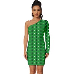 Green Christmas Tree Pattern Background Long Sleeve One Shoulder Mini Dress by Amaryn4rt