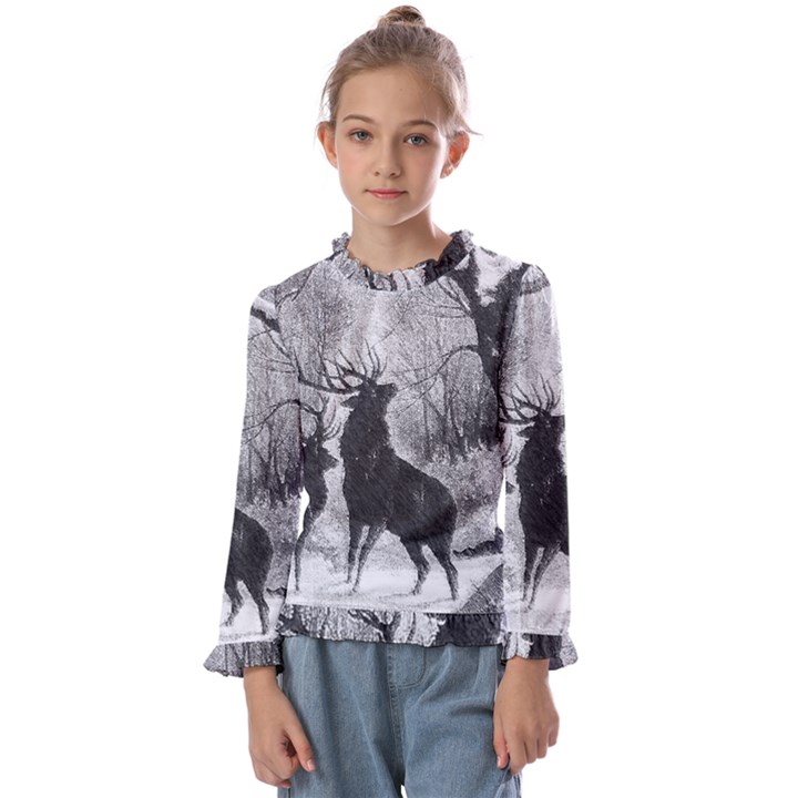 Stag-deer-forest-winter-christmas Kids  Frill Detail T-Shirt