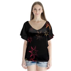 Christmas-background-motif-star V-neck Flutter Sleeve Top by Amaryn4rt