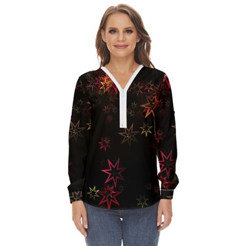 Christmas-background-motif-star Zip Up Long Sleeve Blouse by Amaryn4rt