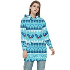 Blue Christmas Vintage Ethnic Seamless Pattern Women s Long Oversized Pullover Hoodie by Amaryn4rt