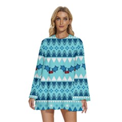 Blue Christmas Vintage Ethnic Seamless Pattern Round Neck Long Sleeve Bohemian Style Chiffon Mini Dress by Amaryn4rt