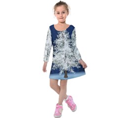 Tree Pine White Starlight Night Winter Christmas Kids  Long Sleeve Velvet Dress by Amaryn4rt