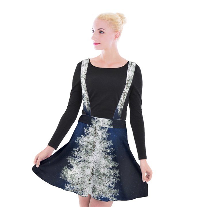 Tree Pine White Starlight Night Winter Christmas Suspender Skater Skirt