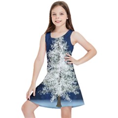 Tree Pine White Starlight Night Winter Christmas Kids  Lightweight Sleeveless Dress by Amaryn4rt