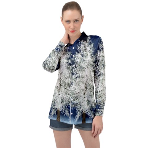 Tree Pine White Starlight Night Winter Christmas Long Sleeve Satin Shirt by Amaryn4rt