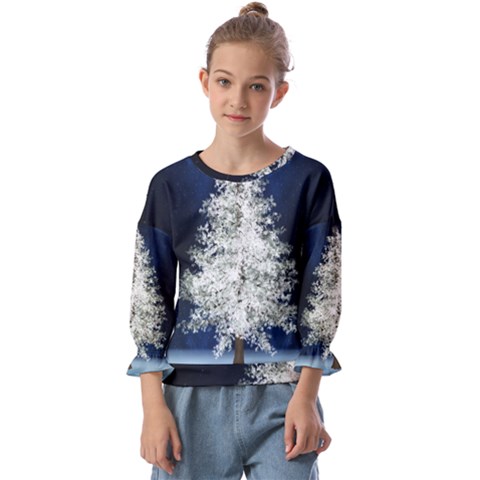 Tree Pine White Starlight Night Winter Christmas Kids  Cuff Sleeve Top by Amaryn4rt