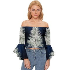 Tree Pine White Starlight Night Winter Christmas Off Shoulder Flutter Bell Sleeve Top by Amaryn4rt