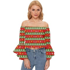 Christmas-papers-red-and-green Off Shoulder Flutter Bell Sleeve Top by Amaryn4rt