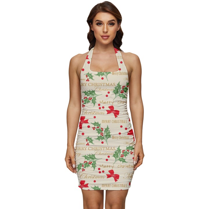 Christmas-paper-scrapbooking-- Sleeveless Wide Square Neckline Ruched Bodycon Dress