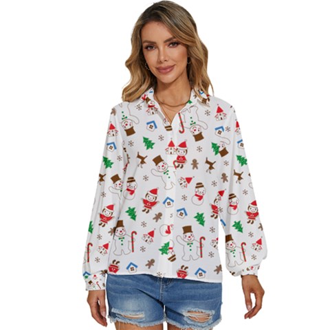 Christmas Shading Pattern Women s Long Sleeve Button Up Shirt by Amaryn4rt