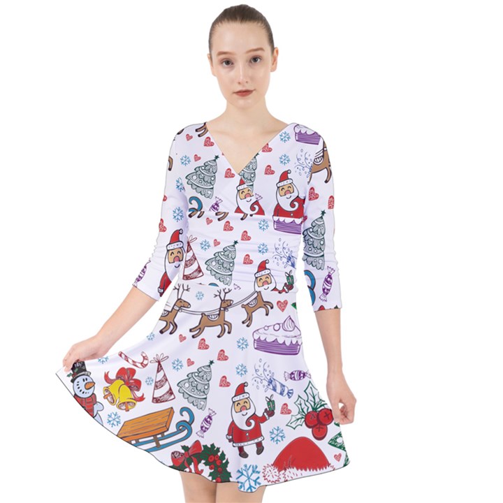 Christmas Theme Decor Illustration Pattern Quarter Sleeve Front Wrap Dress