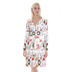 Christmas Theme Decor Illustration Pattern Long Sleeve Velvet Front Wrap Dress by Amaryn4rt