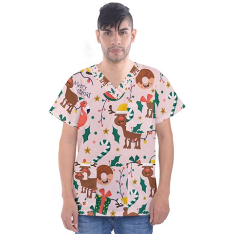 Colorful-funny-christmas-pattern Merry Xmas Men s V-neck Scrub Top by Amaryn4rt