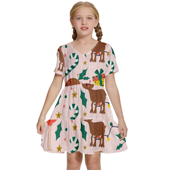 Colorful-funny-christmas-pattern Merry Xmas Kids  Short Sleeve Tiered Mini Dress