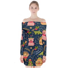 Colorful-funny-christmas-pattern Merry Christmas Xmas Long Sleeve Off Shoulder Dress by Amaryn4rt