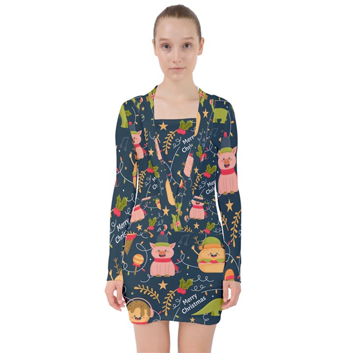 Colorful-funny-christmas-pattern Merry Christmas Xmas V-neck Bodycon Long Sleeve Dress