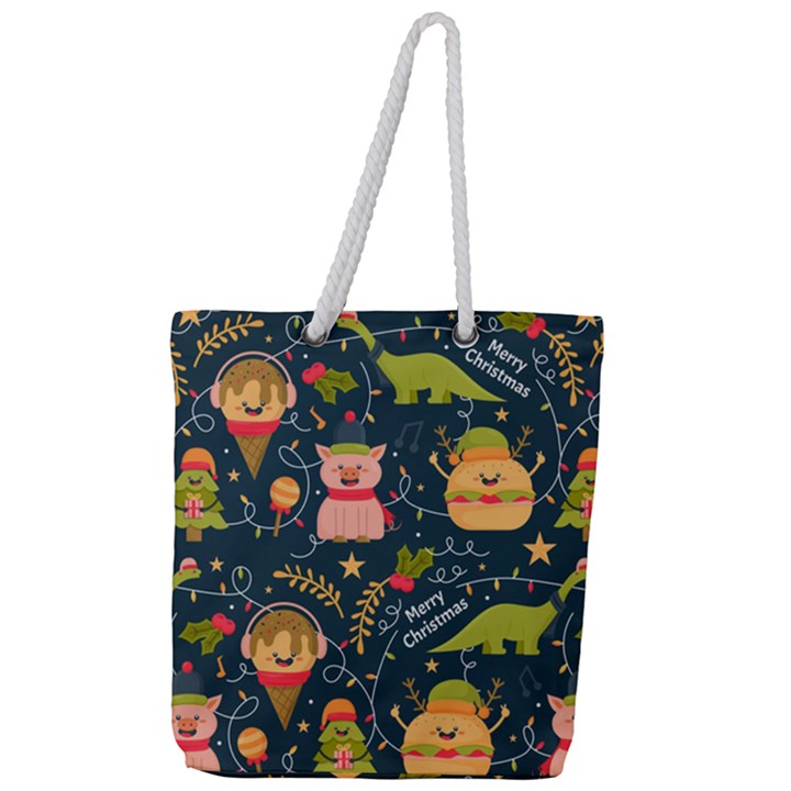 Colorful-funny-christmas-pattern Merry Christmas Xmas Full Print Rope Handle Tote (Large)