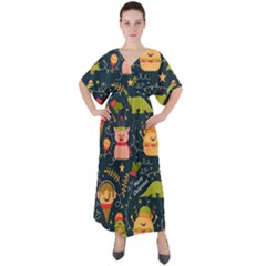 Colorful-funny-christmas-pattern Merry Christmas Xmas V-neck Boho Style Maxi Dress